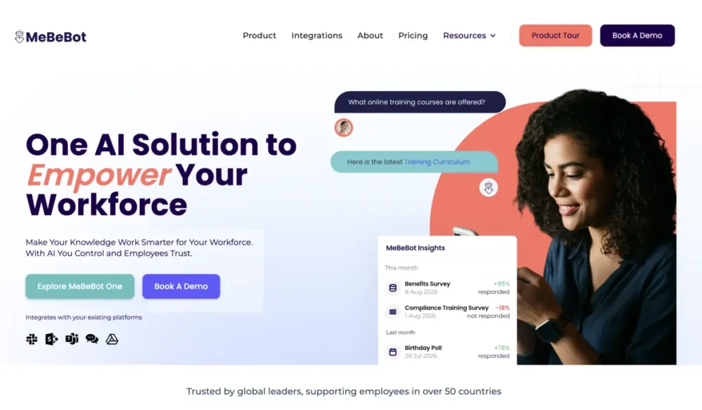 MeBeBot answering an employee’s HR question via chat interface