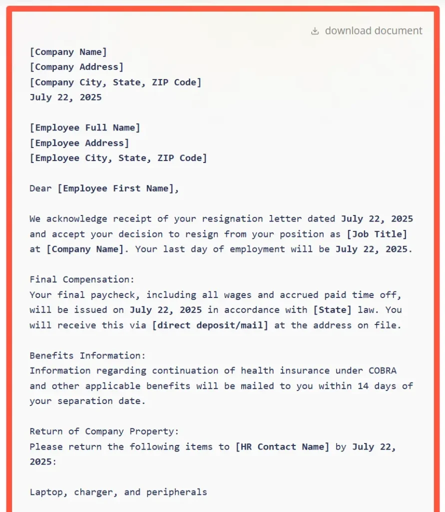 Resignation Acceptance Letter Template